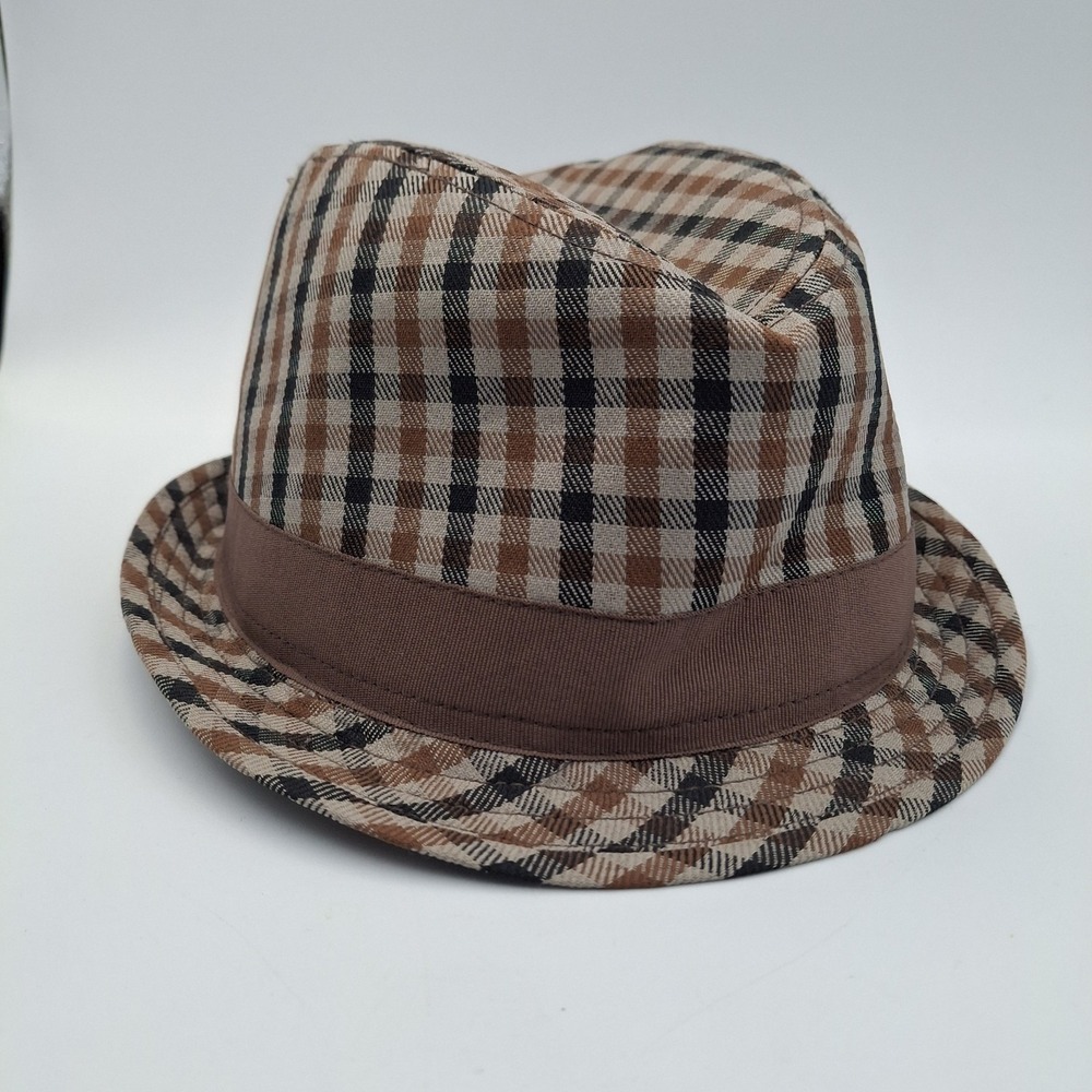 Heritage 1981 Brown Plaid Fedora Trilby Hat Size M/L Cotton Blend Vintage Style